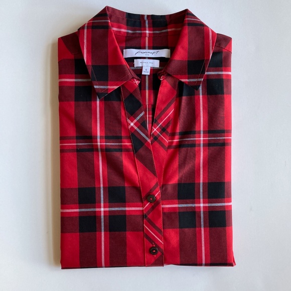 NEW Red Plaid Shirt Tunic Size 6 Foxcroft Holiday Tartan Wrinkle-Free Shaped Fit - Picture 3 of 12